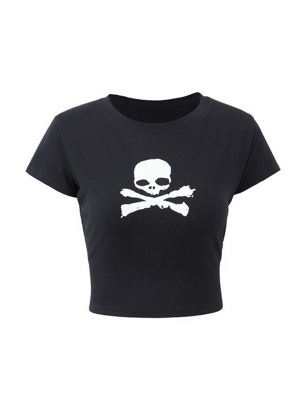 Black short sleeve Y2K crop top t-shirt with skull motif