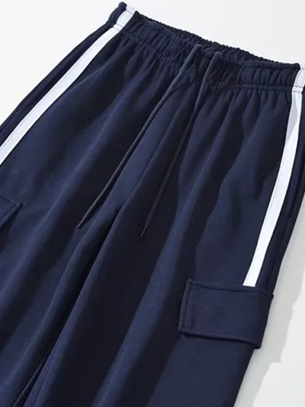 Navy Blue Hip Hop Pockets Side Stripe Baggy Sweatpants