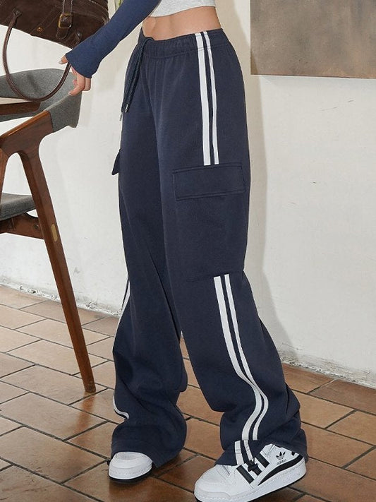 Navy Blue Hip Hop Pockets Side Stripe Baggy Sweatpants