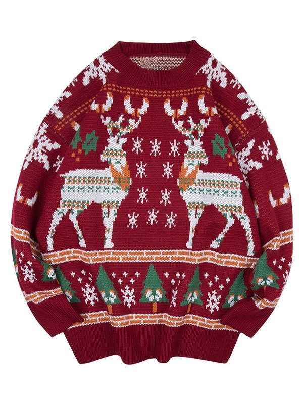 Vintage round neck sweater with Christmas deer print