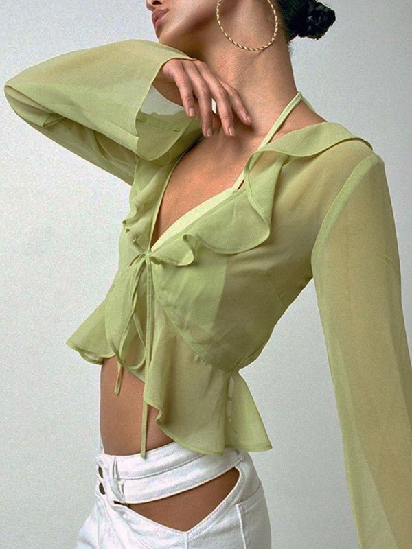 Vintage Sheer Mesh Long Sleeve Crop Blouse with Ruffles