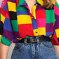 Rainbow Vintage Checkered Button Front Short Sleeve Blouse