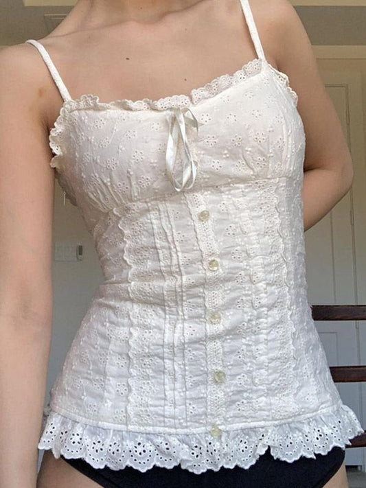 White vintage camisole with buttons and embroidered lace