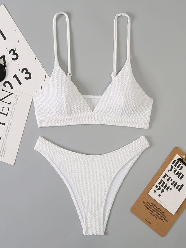 Plain smocked V-neck bikini set