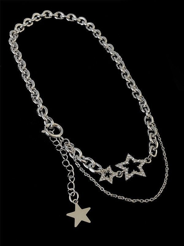 Vintage Silver Necklace with Rhinestone Star Pendant and Layers