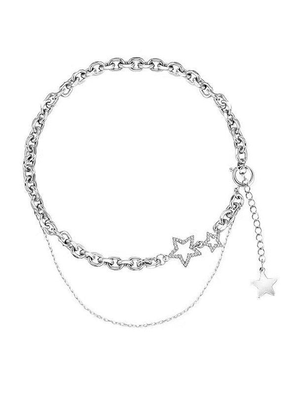 Vintage Silver Necklace with Rhinestone Star Pendant and Layers