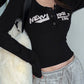 Y2K Black Long Sleeve Rib Crop Top with Letter Print