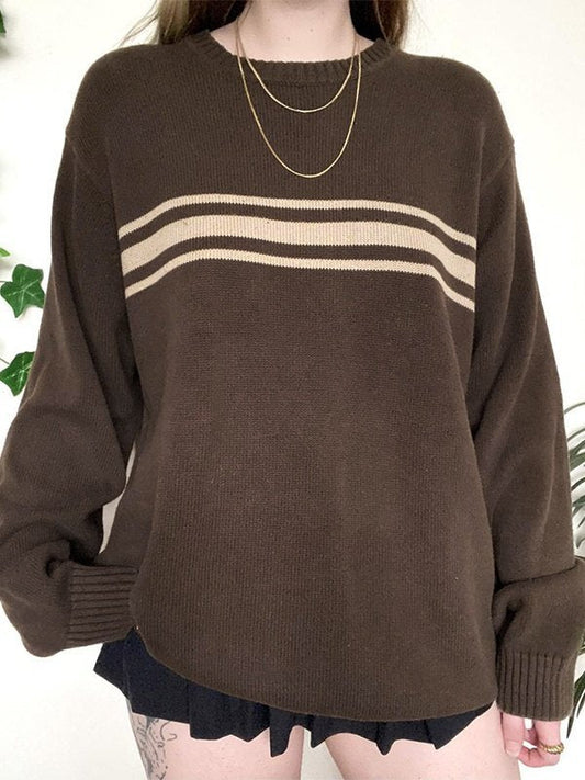 Brown vintage oversized sweater with three stripes