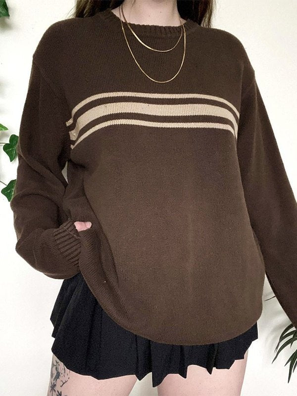 Brown vintage oversized sweater with three stripes