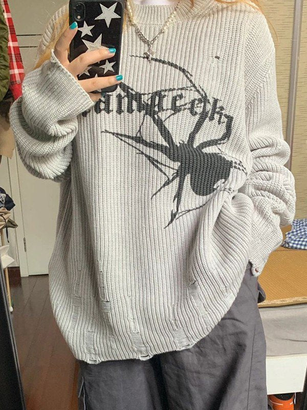 Gray punk rib knit sweater with printed spider