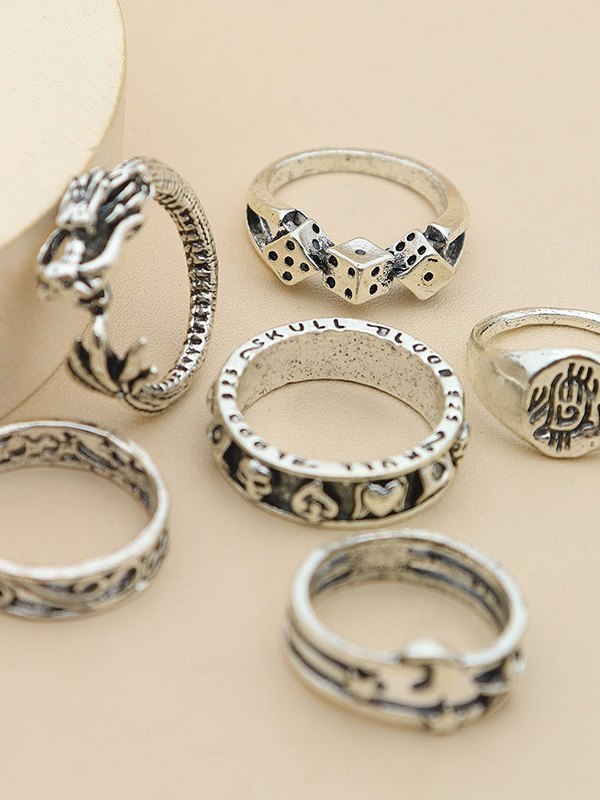 Set of 6 silver punk skull rings