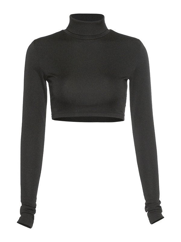 Einfarbiges Y2K Rollkragen Langarm Cropped Top