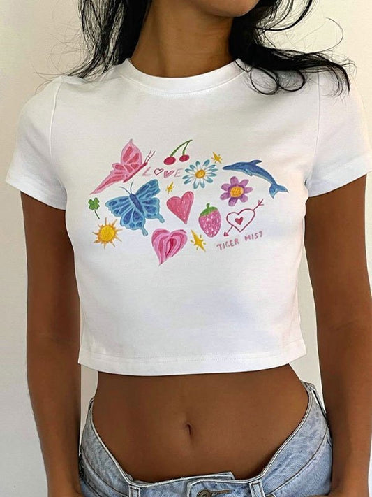 Vintage crop top with white fruit and butterfly print