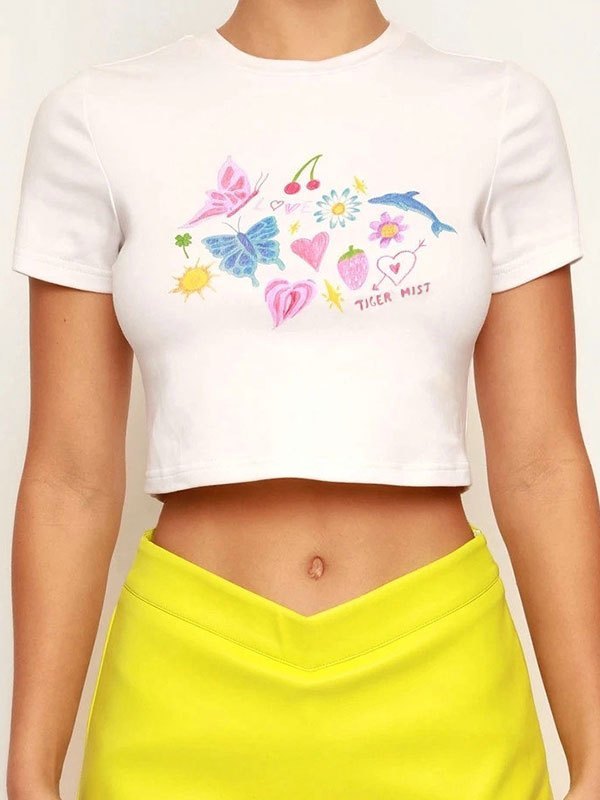 Vintage crop top with white fruit and butterfly print