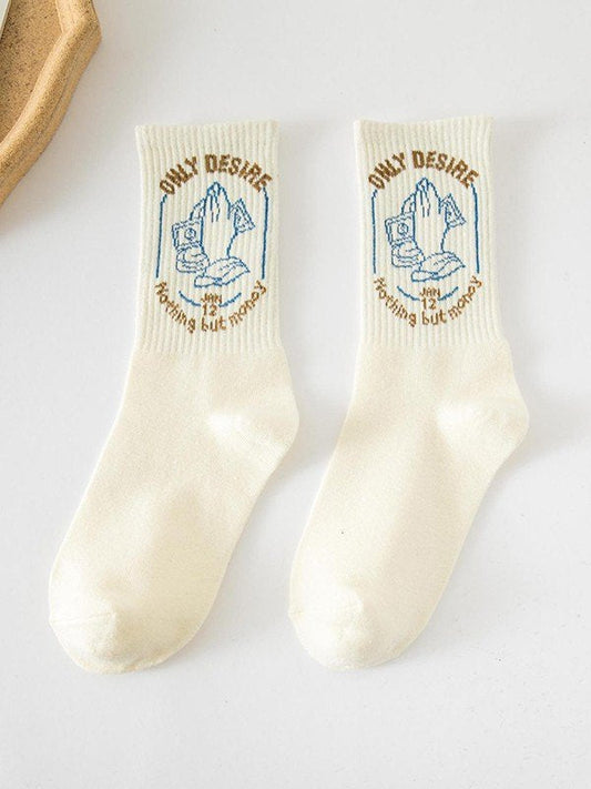 JY White Vintage Cotton Jacquard Detail Crew Socks/White Vintage Cotton Jacquard Detail Crew Socks