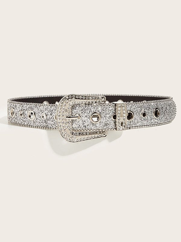 Y2k targeted sequin buckle belt with rhinestones