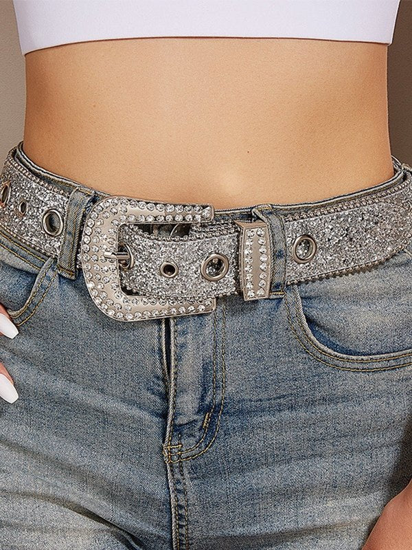 Y2k targeted sequin buckle belt with rhinestones