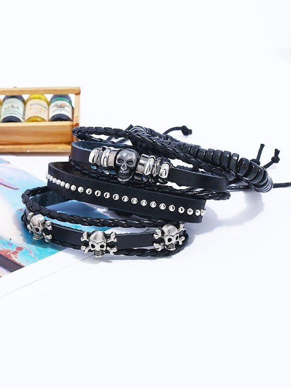 4 Pieces Black Punk Skull Pu Leather Bracelet Set