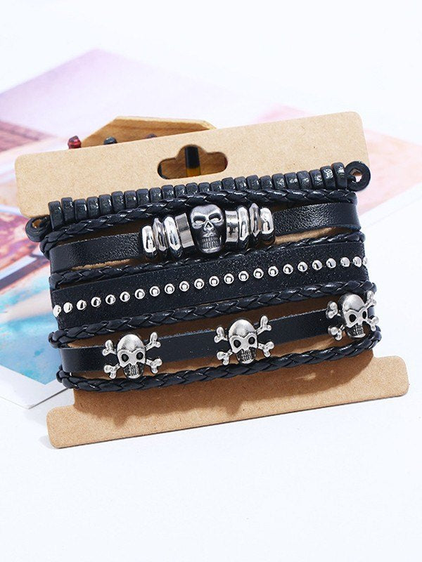 Punk 4 Piece PU Leather Bracelet Set with Skull