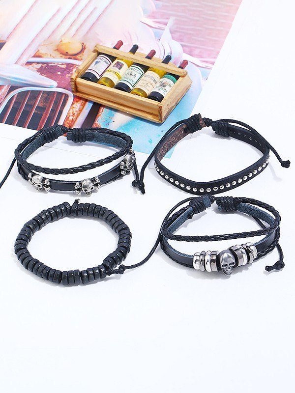 Punk 4 Piece PU Leather Bracelet Set with Skull