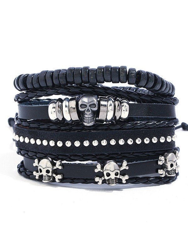 Punk 4 Piece PU Leather Bracelet Set with Skull