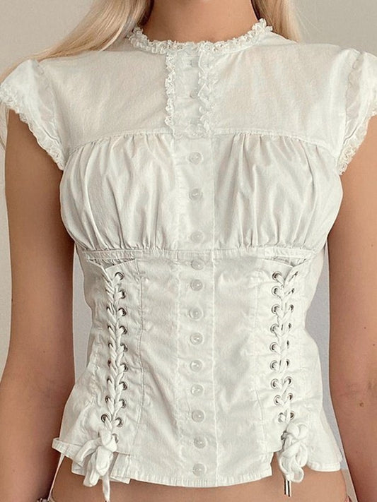 White Vintage Slim Straps Blouse with Short Sleeves