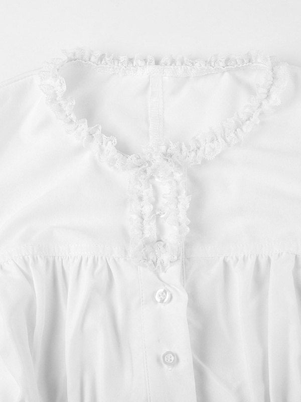 White Vintage Slim Straps Blouse with Short Sleeves