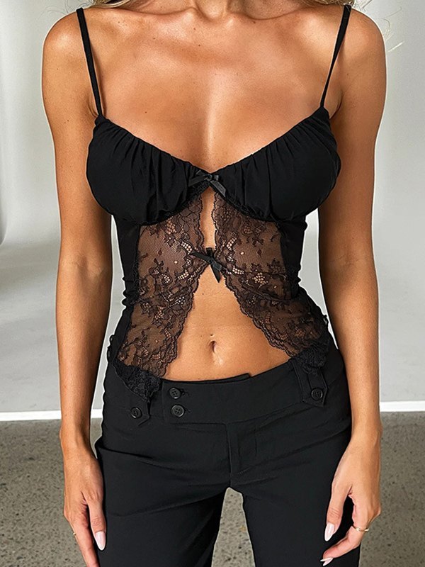 Black Sexy Cami Top with Bow Lace Patchwork