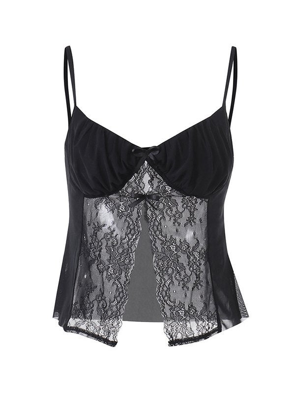 Black Sexy Cami Top with Bow Lace Patchwork