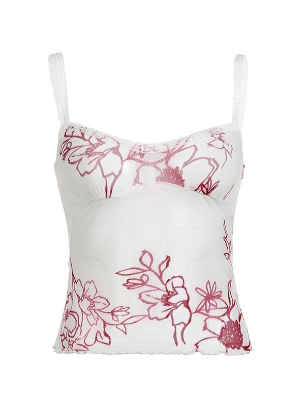 Vintage Mesh Perspective Camisole with Floral Print and Lace