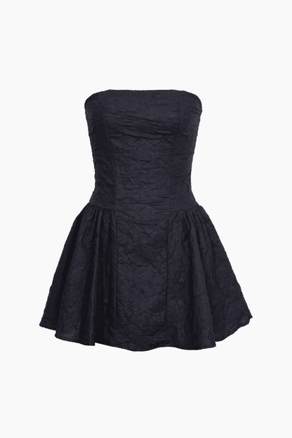 Black Jacquard Ruffle Hem Strapless Design Mini Dress