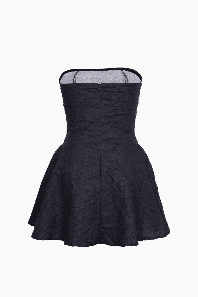 Black Jacquard Ruffle Hem Strapless Design Mini Dress