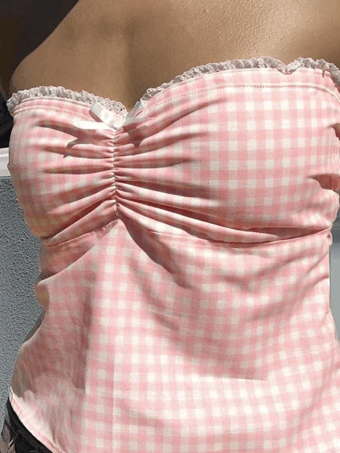 Cute Checkered Bandeau Top with Lace Trim