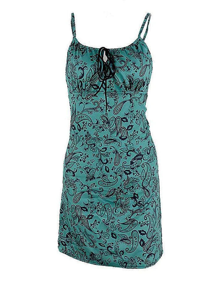 Green vintage mini dress with paisley pattern