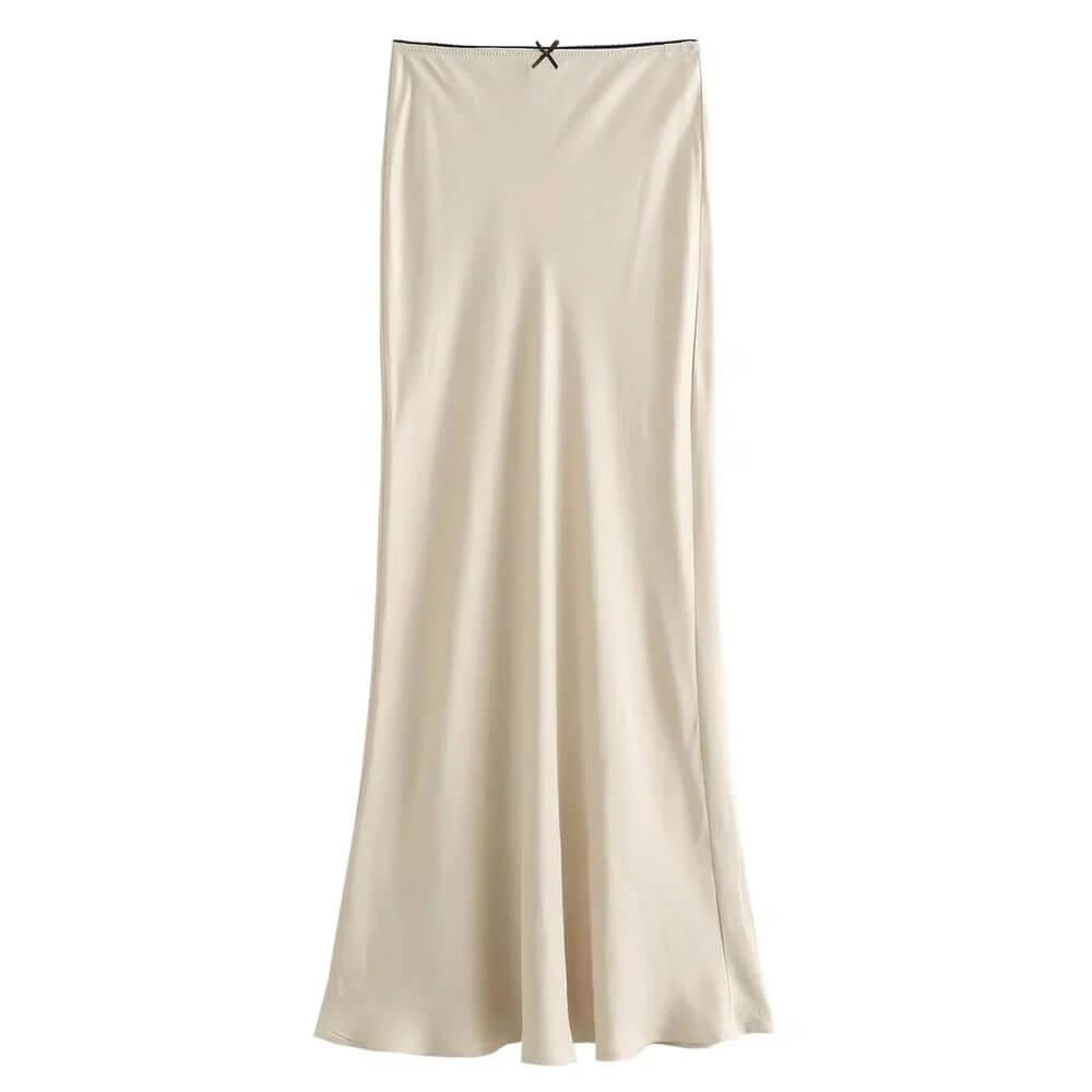 Solid Color Low Waist Bow Satin Maxi Skirt