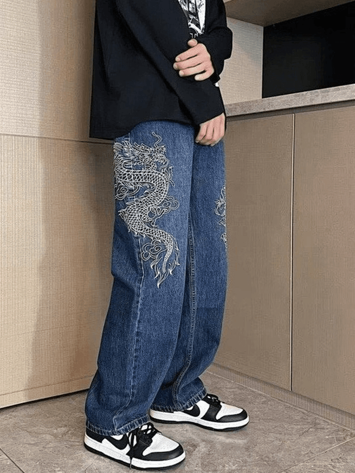 Blue Hip Hop Men's Straight Leg Jeans with Dragon Embroidery