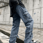 Men's Blue Hip Hop Strap Details Cargo Jeans