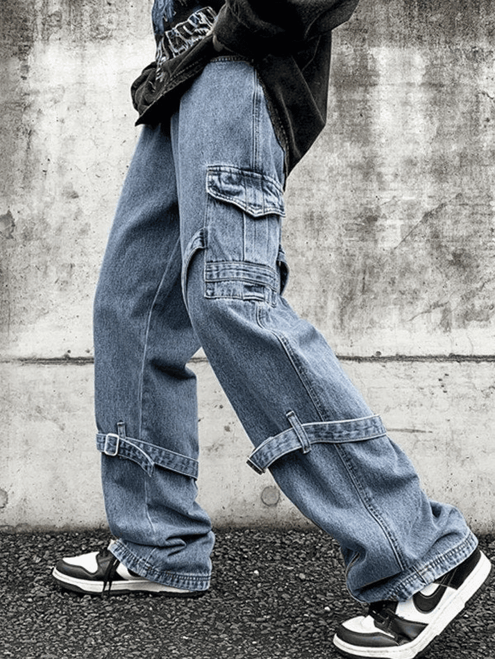 Men's Blue Hip Hop Strap Details Cargo Jeans