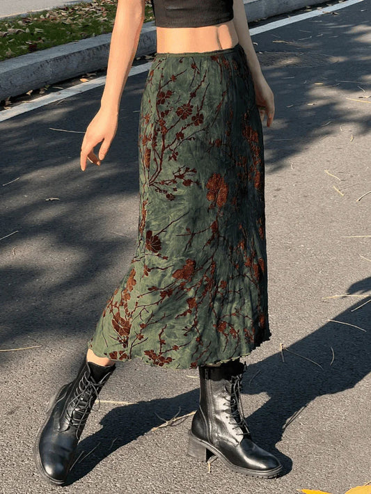 Vintage midi skirt with floral pattern and mesh