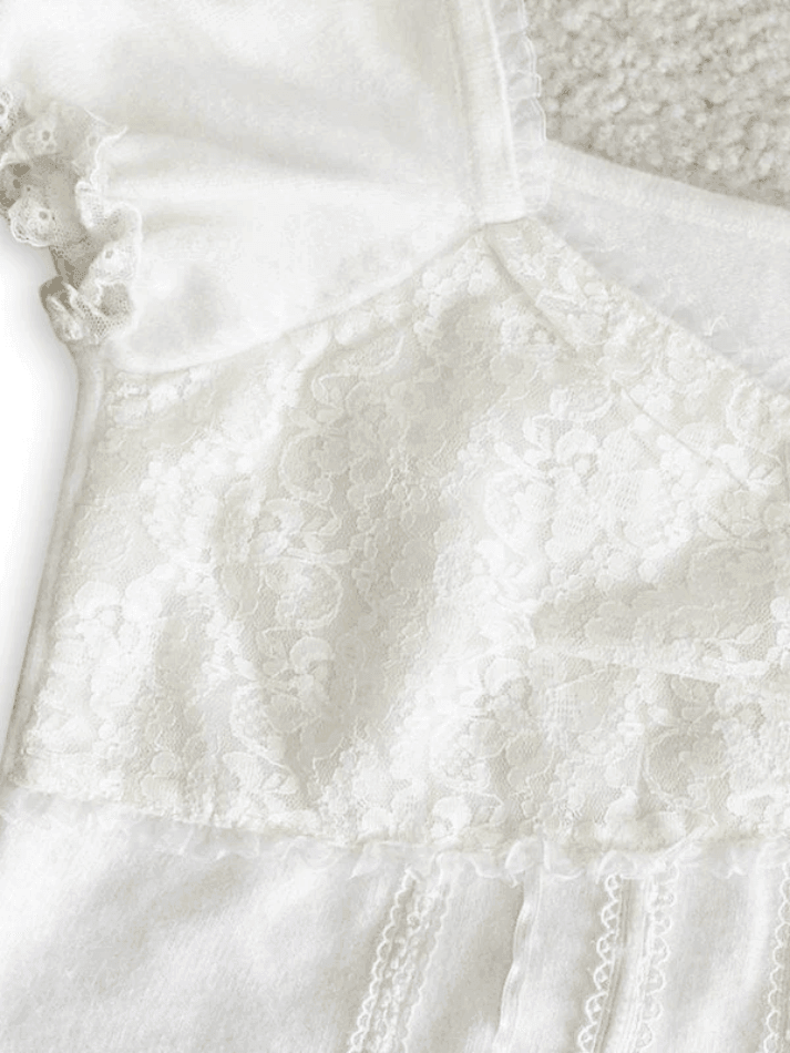 JY White Vintage Paneled Lace White Puff Sleeve Blouse / White Vintage Paneled Lace Puff Sleeve Blouse