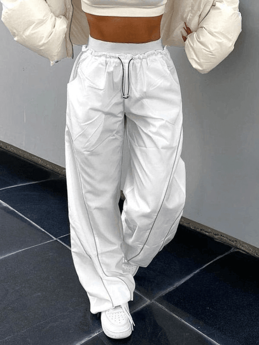 White Hip Hop Pintuck Detail Baggy Parachute Pants