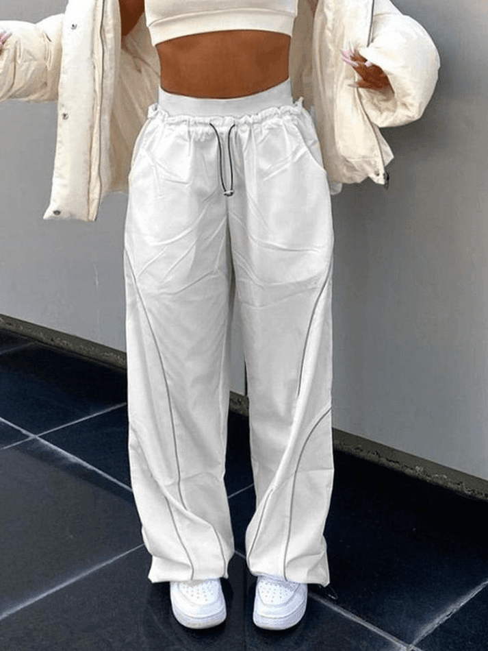 White Hip Hop Pintuck Detail Baggy Parachute Pants