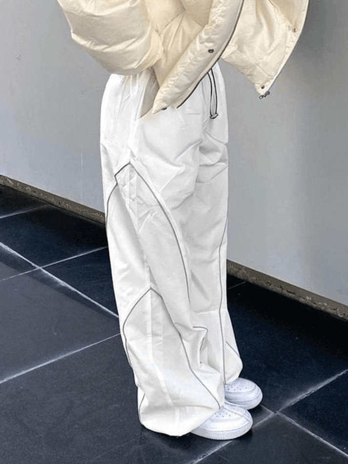 White Hip Hop Pintuck Detail Baggy Parachute Pants