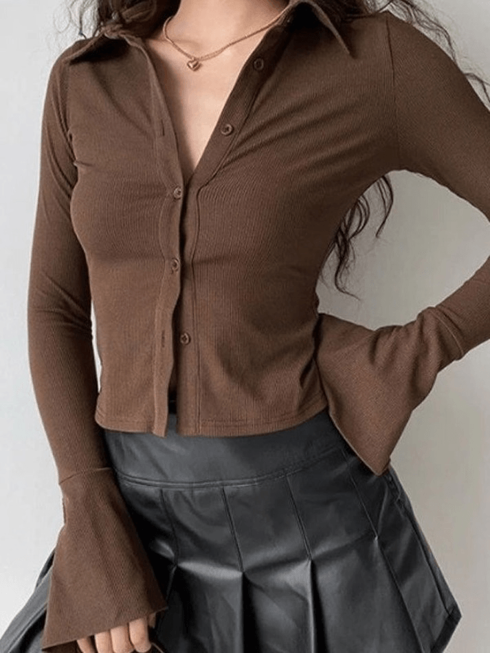 Solid vintage polo collar long sleeve rib blouse