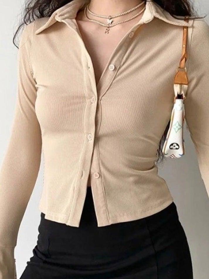 Solid vintage polo collar long sleeve rib blouse