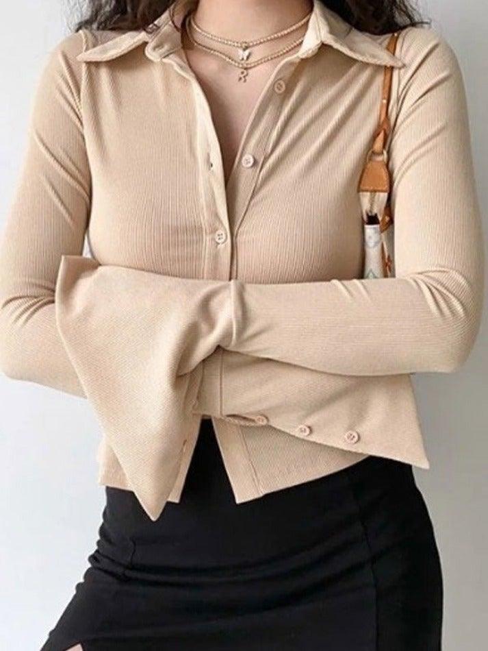 Solid vintage polo collar long sleeve rib blouse