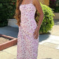 French Pink Print Tie Maxi Dress