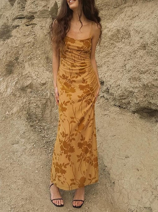 Yellow French Floral Backless Maxi Dress