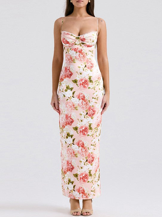 Pink French Floral Slim Maxi Dress