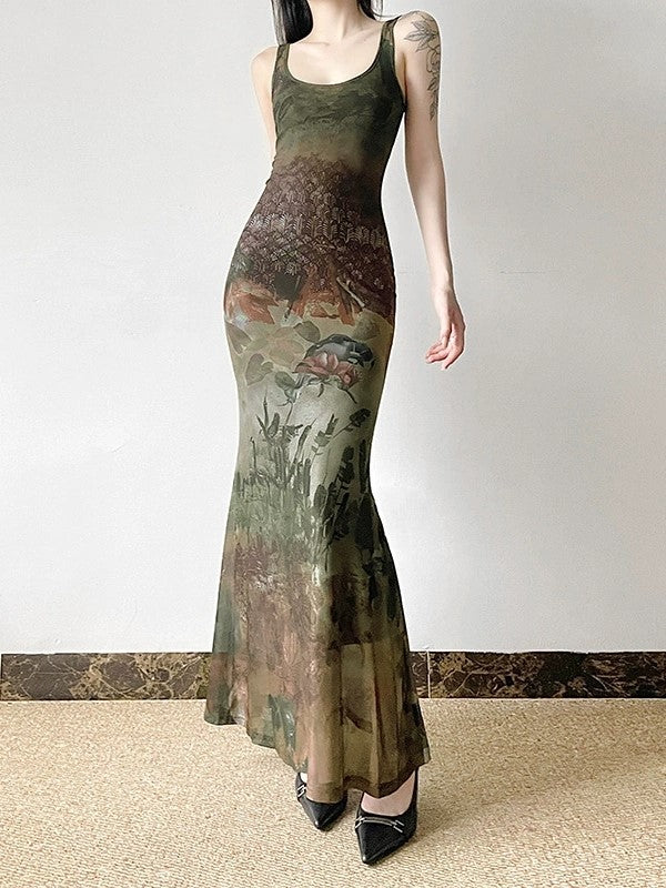 Vintage Botanical Printed Bodycon Midi Dress